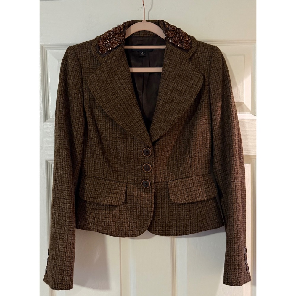 Banana Republic Blazer Womens 4 Wool Alpaca Brown Houndstooth Bead Embellished